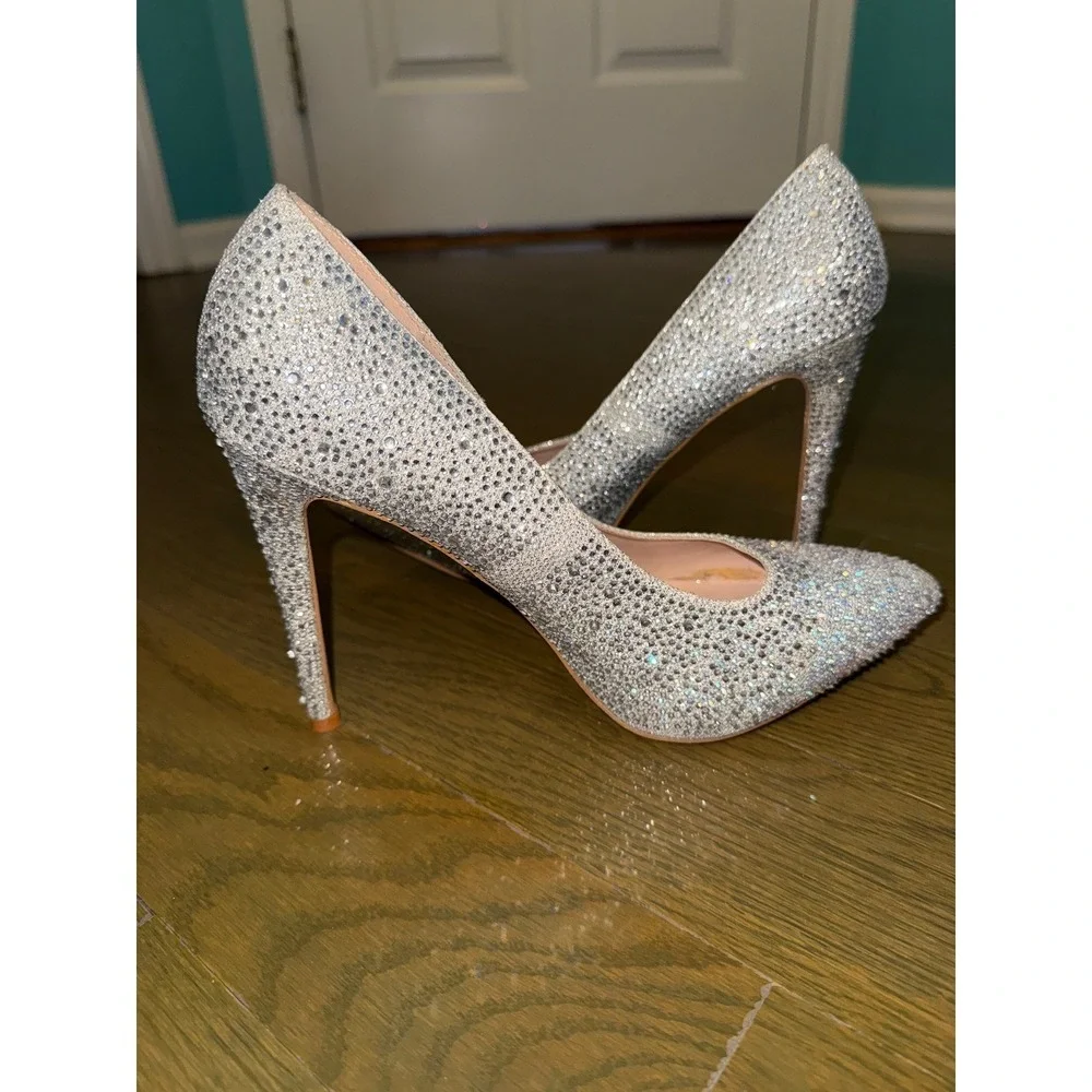 Lauren Lorraine Silver Rhinestone Pointed Toe Pumps Stiletto Heels Womens 8.5